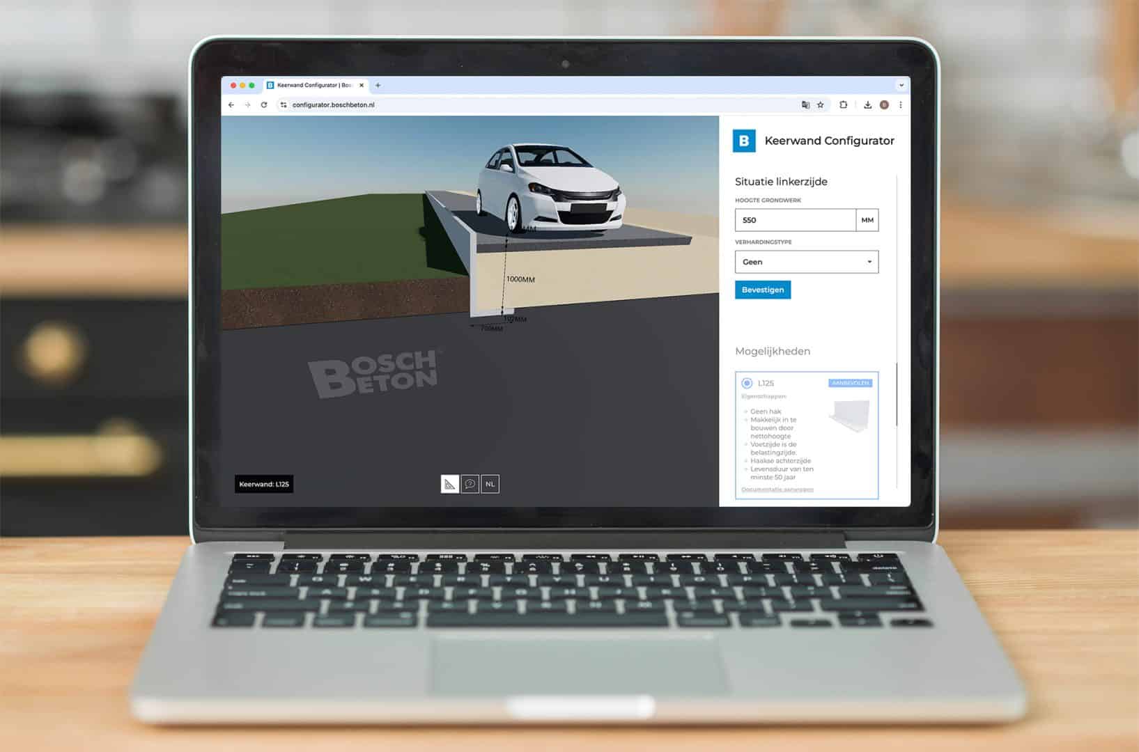 Bosch Beton retaining-wall configurator shown on a laptop