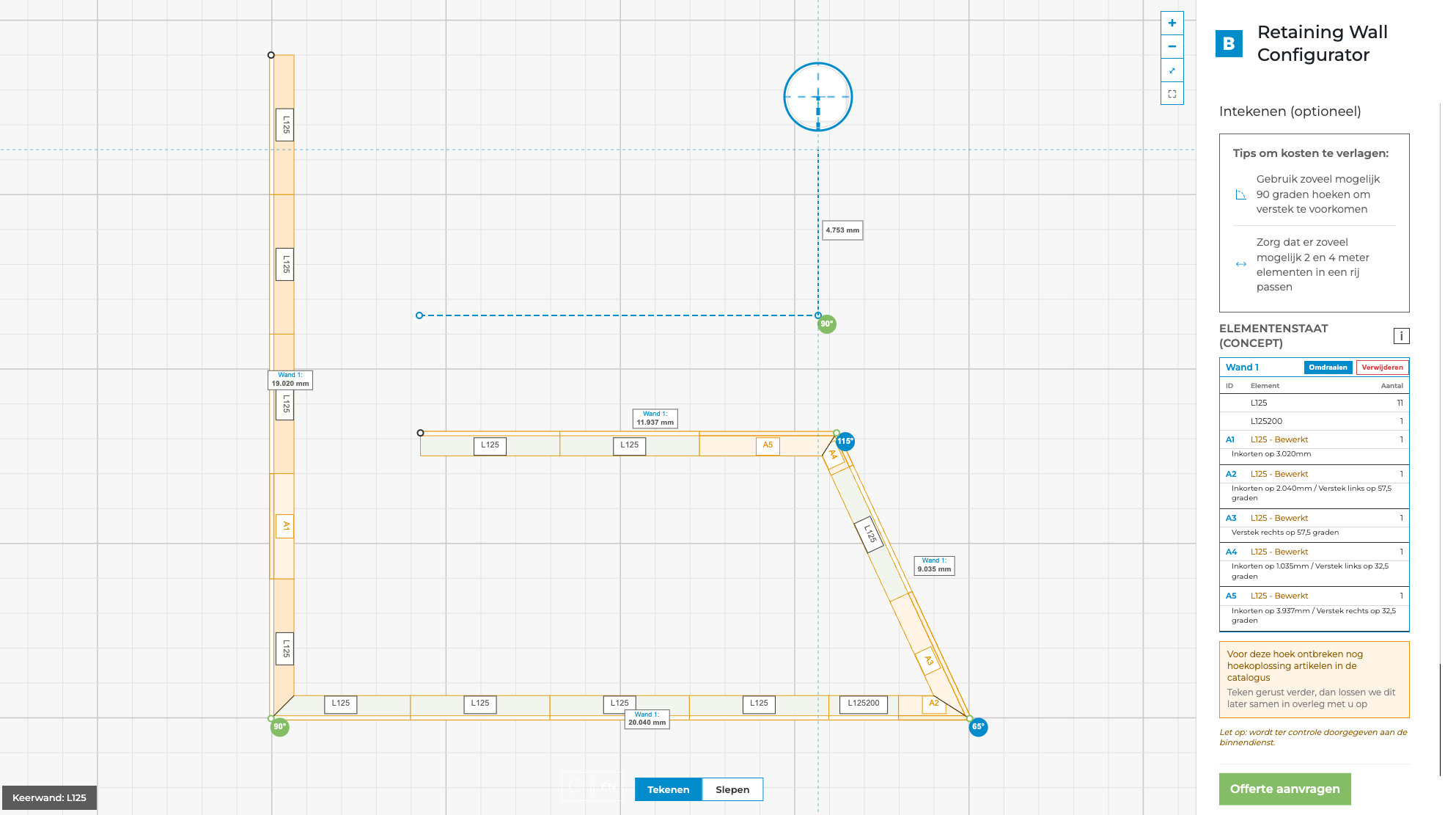 Retaining Wall Configurator plan workspace with a drawn wall run, dimensions, angle markers, and a concept element list